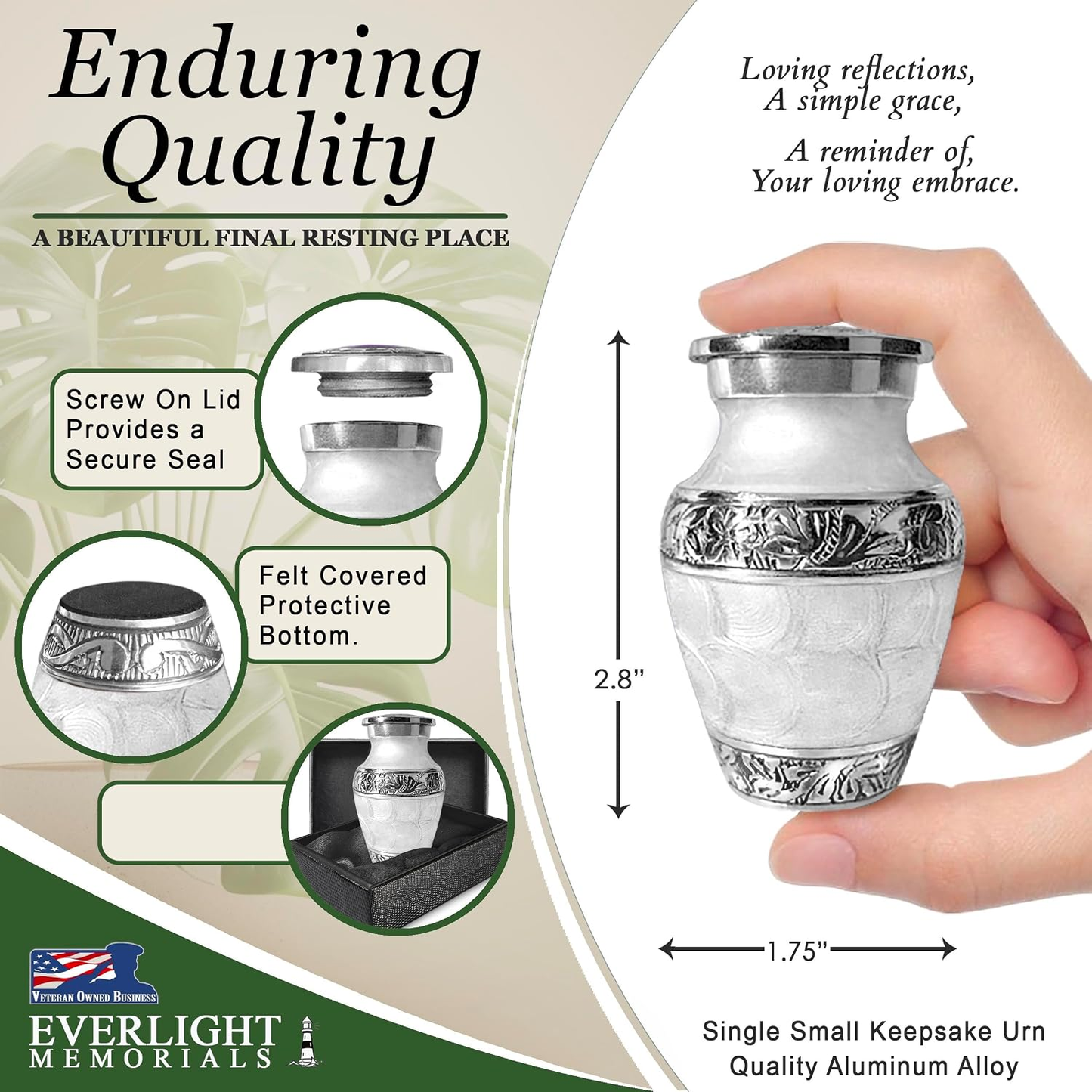 White Forever After keepsake urn dimensions and features — 2.8 inches tall, screw lid, felt bottom, gift box