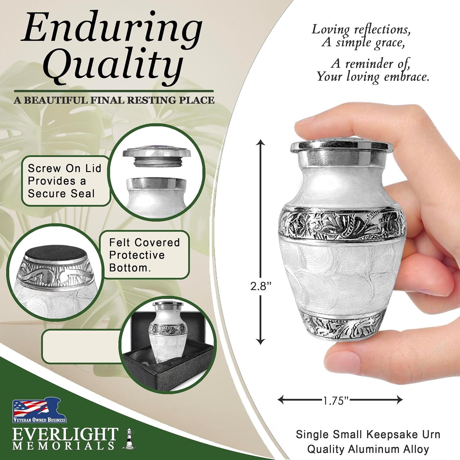 White Forever After keepsake urn dimensions and features — 2.8 inches tall, screw lid, felt bottom, gift box