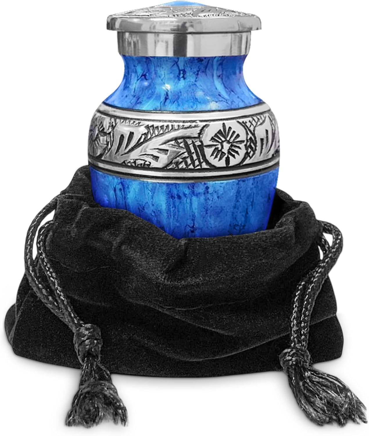 Light blue watercolor small keepsake cremation urn with black velvet bag on white background