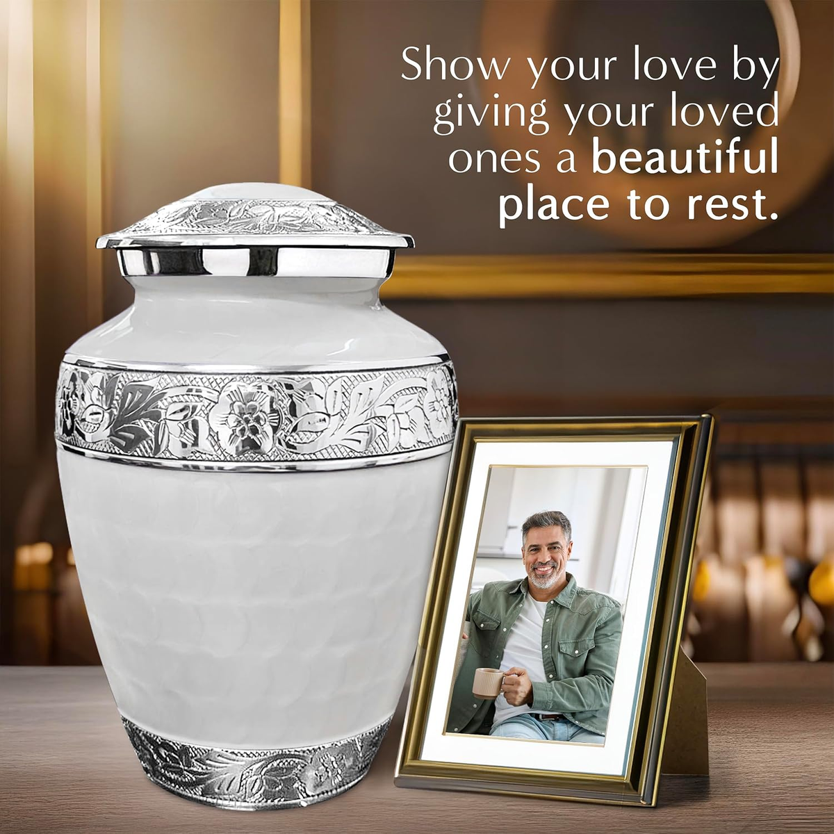 White Forever After Adult Cremation Urn displayed beside framed photo of man