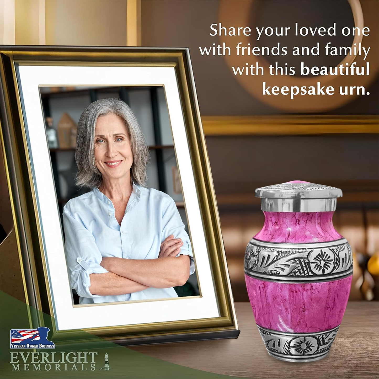 Purple watercolor keepsake urn beside framed photo of woman on memorial table