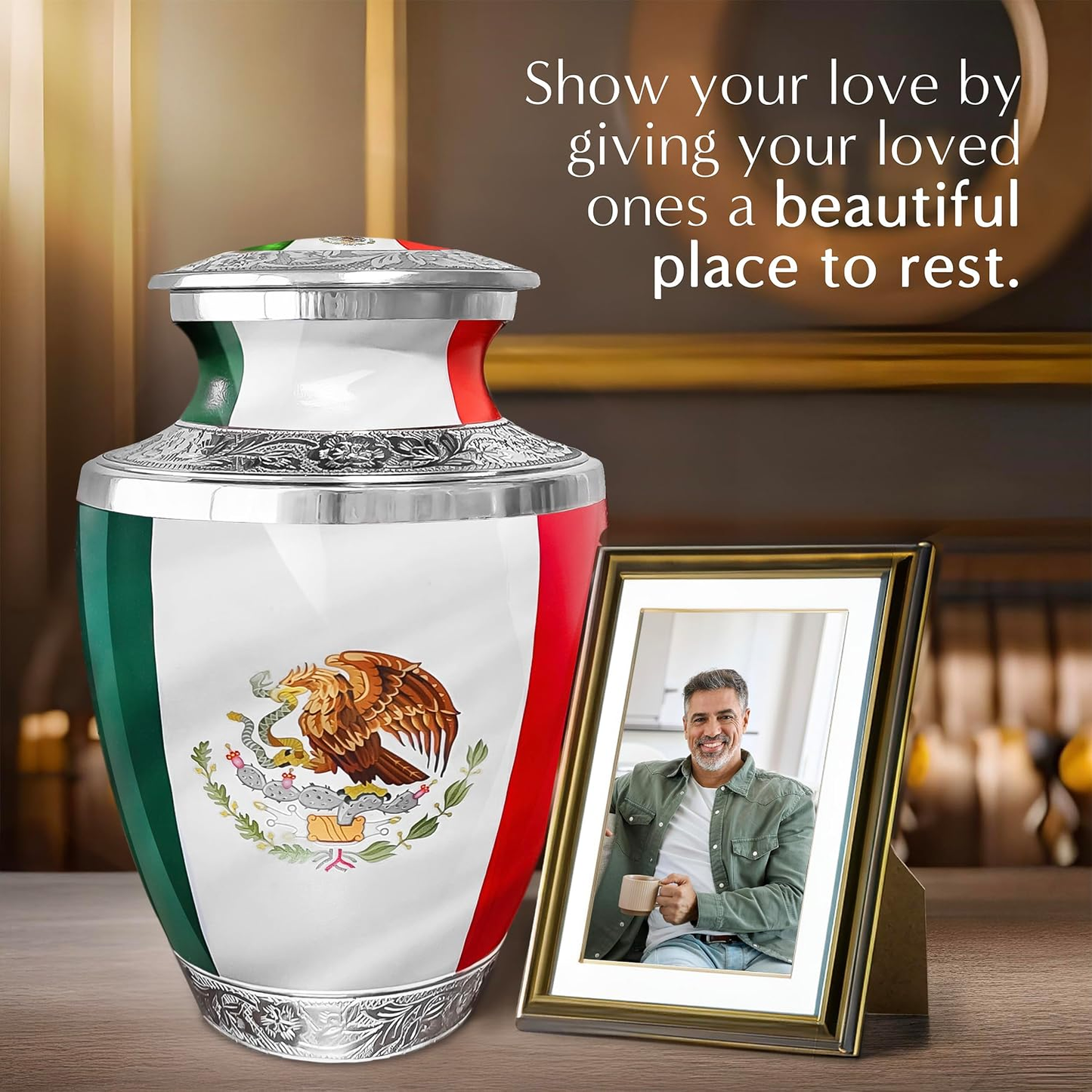 Mexican Flag Adult Cremation Urn - Couple at Memorial Service Lifestyle Photo