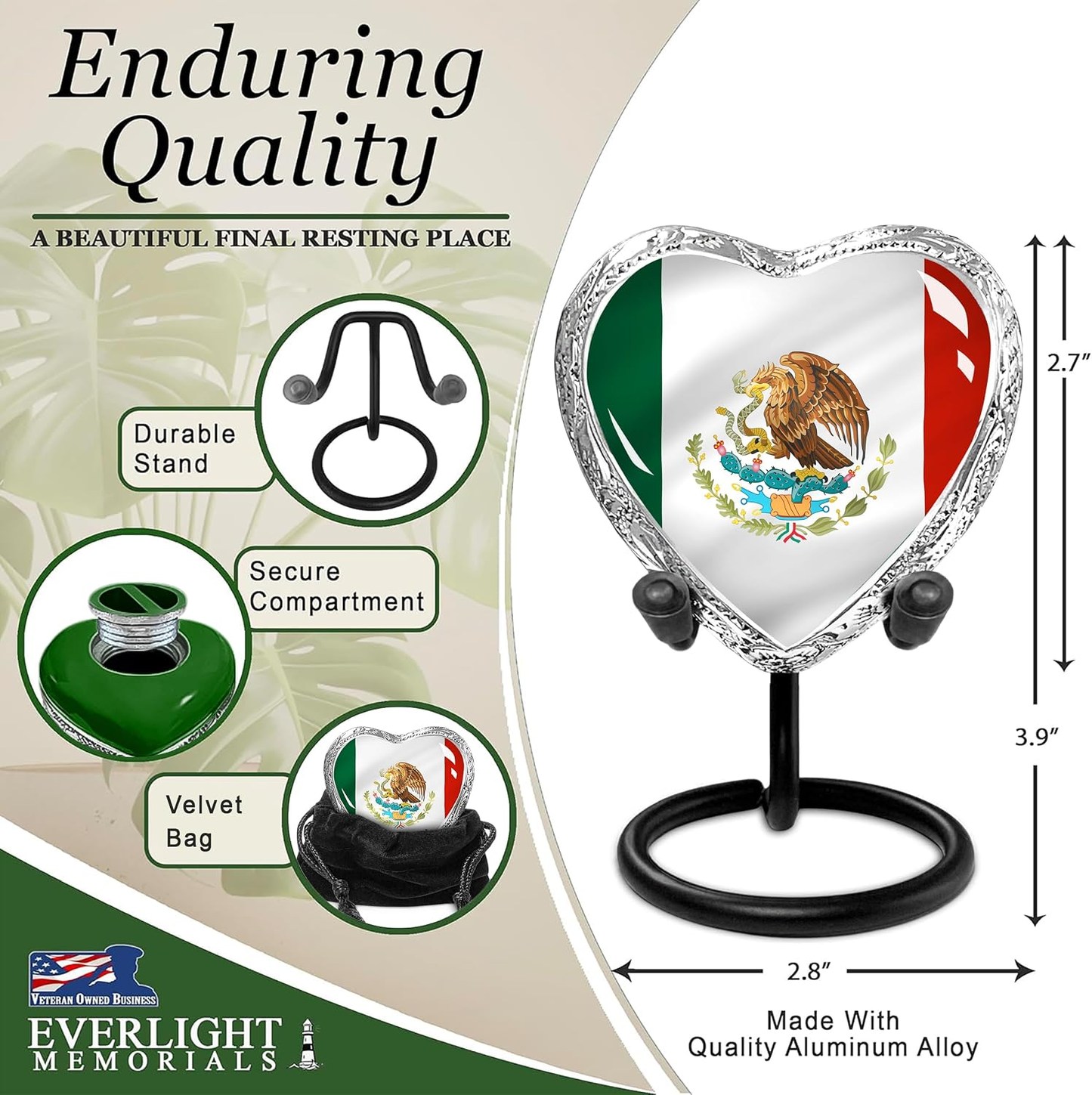 Mexican Flag Heart Keepsake Urn - Enduring Quality Dimensions Infographic 2.7 x 2.8 inches