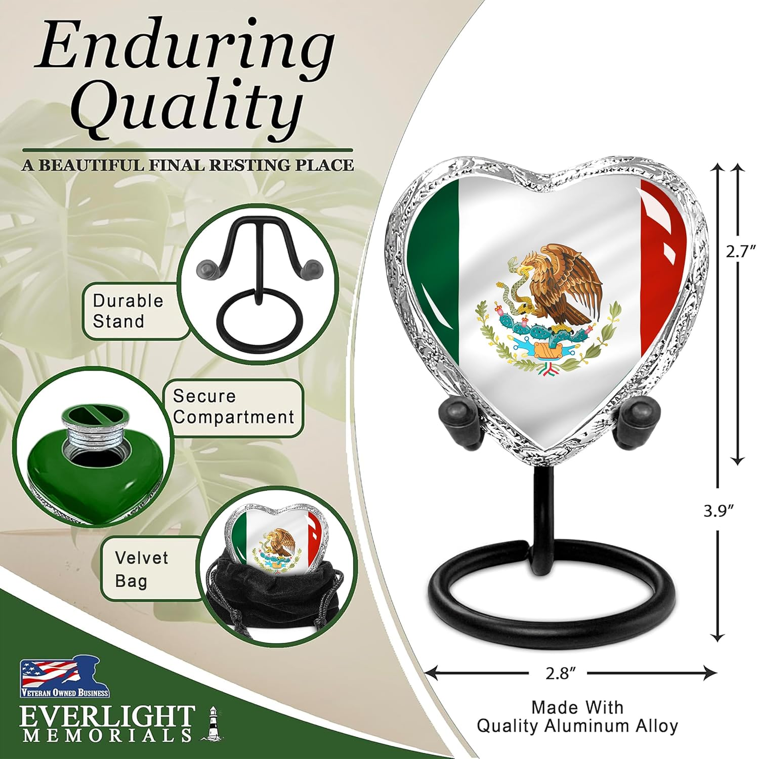 Mexican Flag Heart Keepsake Urn - Enduring Quality Dimensions Infographic 2.7 x 2.8 inches