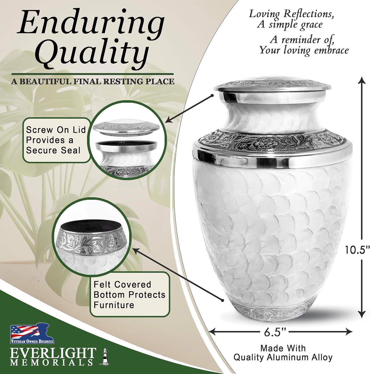 White Loving Reflections urn showing secure screw-on lid and dimensions