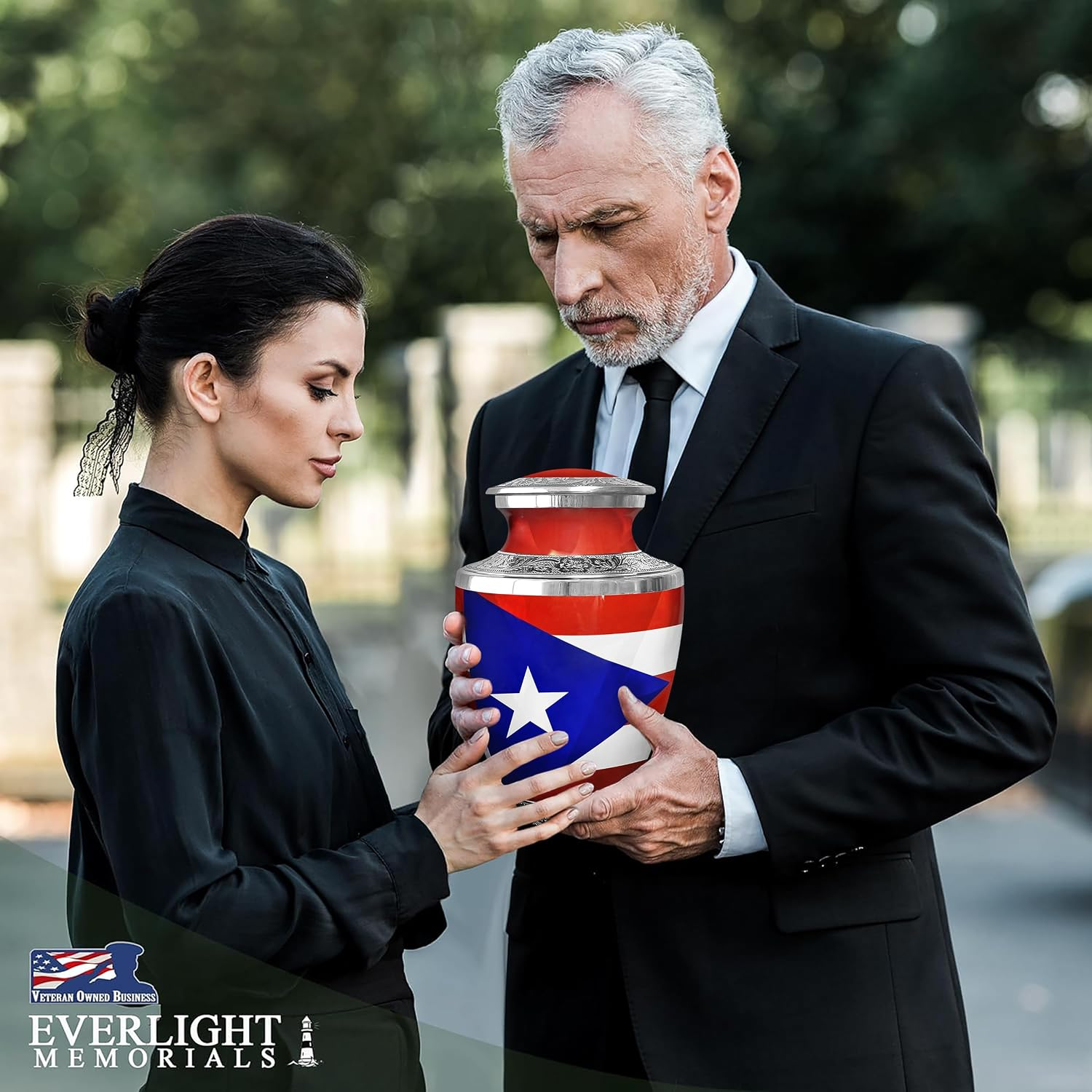 Puerto Rico Flag Cremation Urn - Couple at Memorial Service Lifestyle Photo