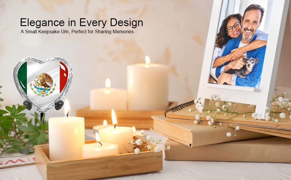 Mexican Flag Heart Keepsake Urn - Elegance in Every Design Candles and Family Photo Lifestyle