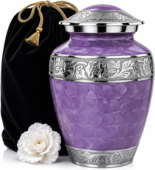 Purple Forever After Adult Cremation Urn with silver floral band and black velvet bag with gold tassel