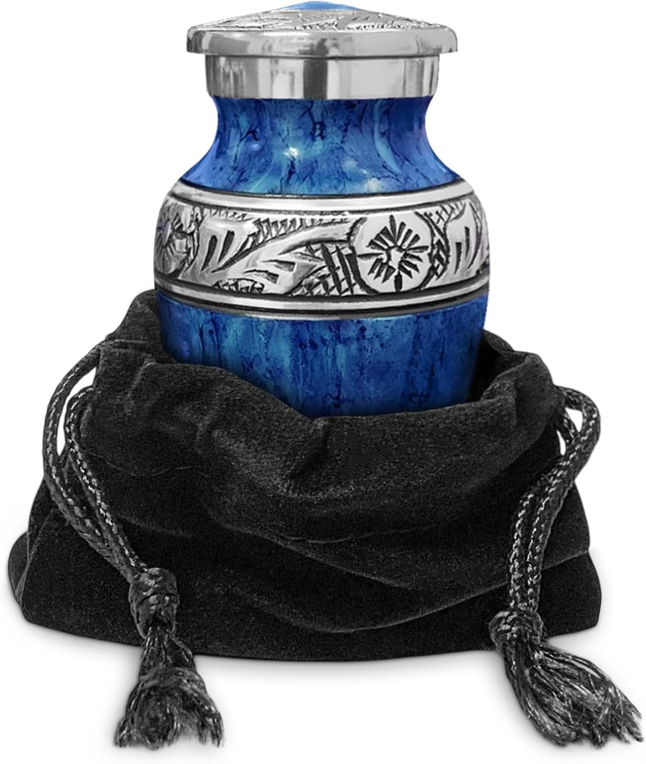 Dark blue watercolor small keepsake cremation urn with black velvet bag on white background