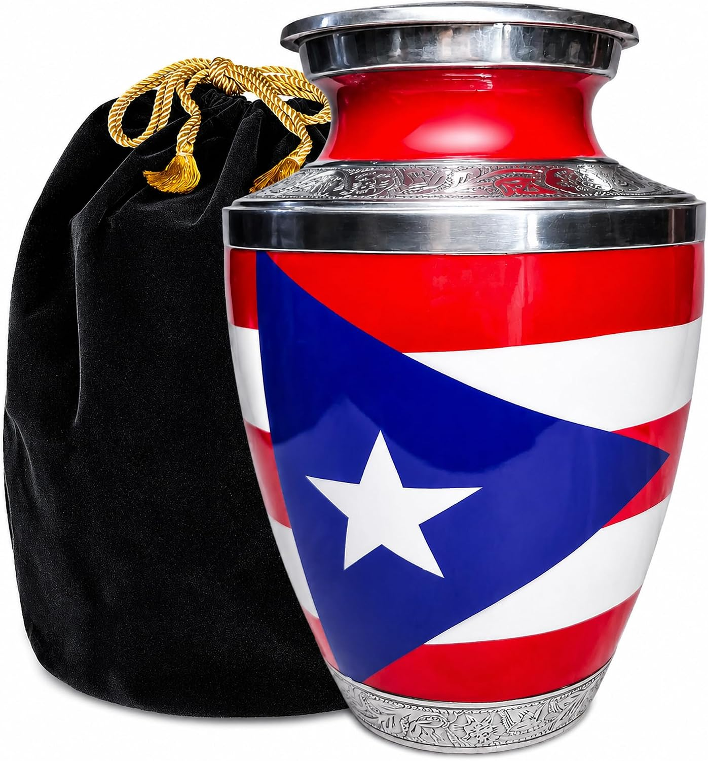 Puerto Rico Flag Cremation Urn for Human Ashes - Main Image with Velvet Bag