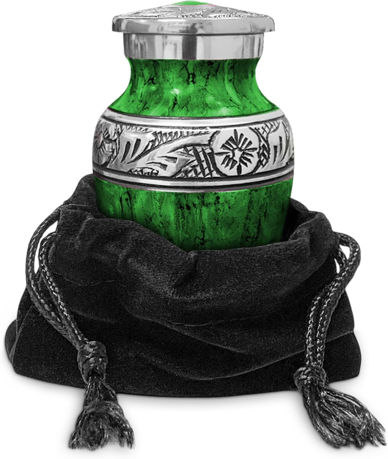 Green watercolor small keepsake cremation urn with black velvet bag on white background