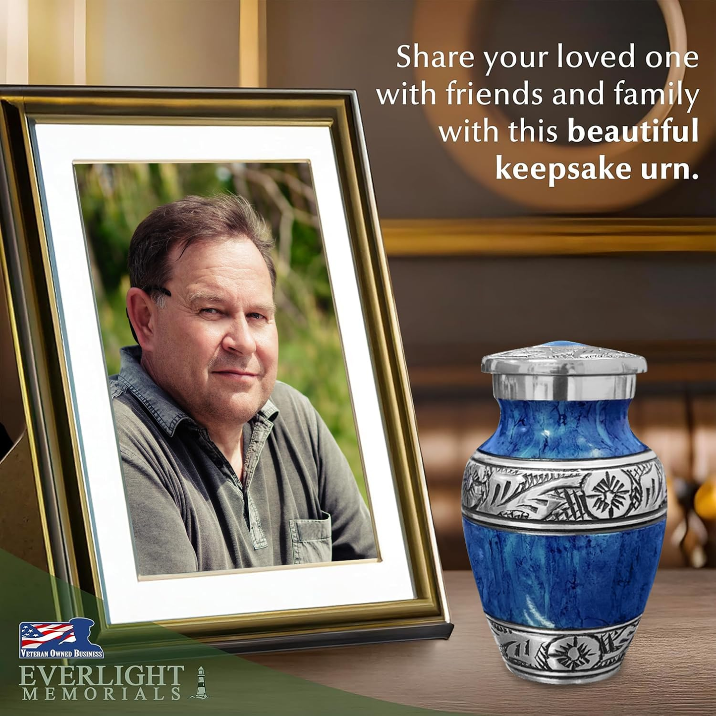 Dark blue watercolor keepsake urn beside framed photo of man on memorial table