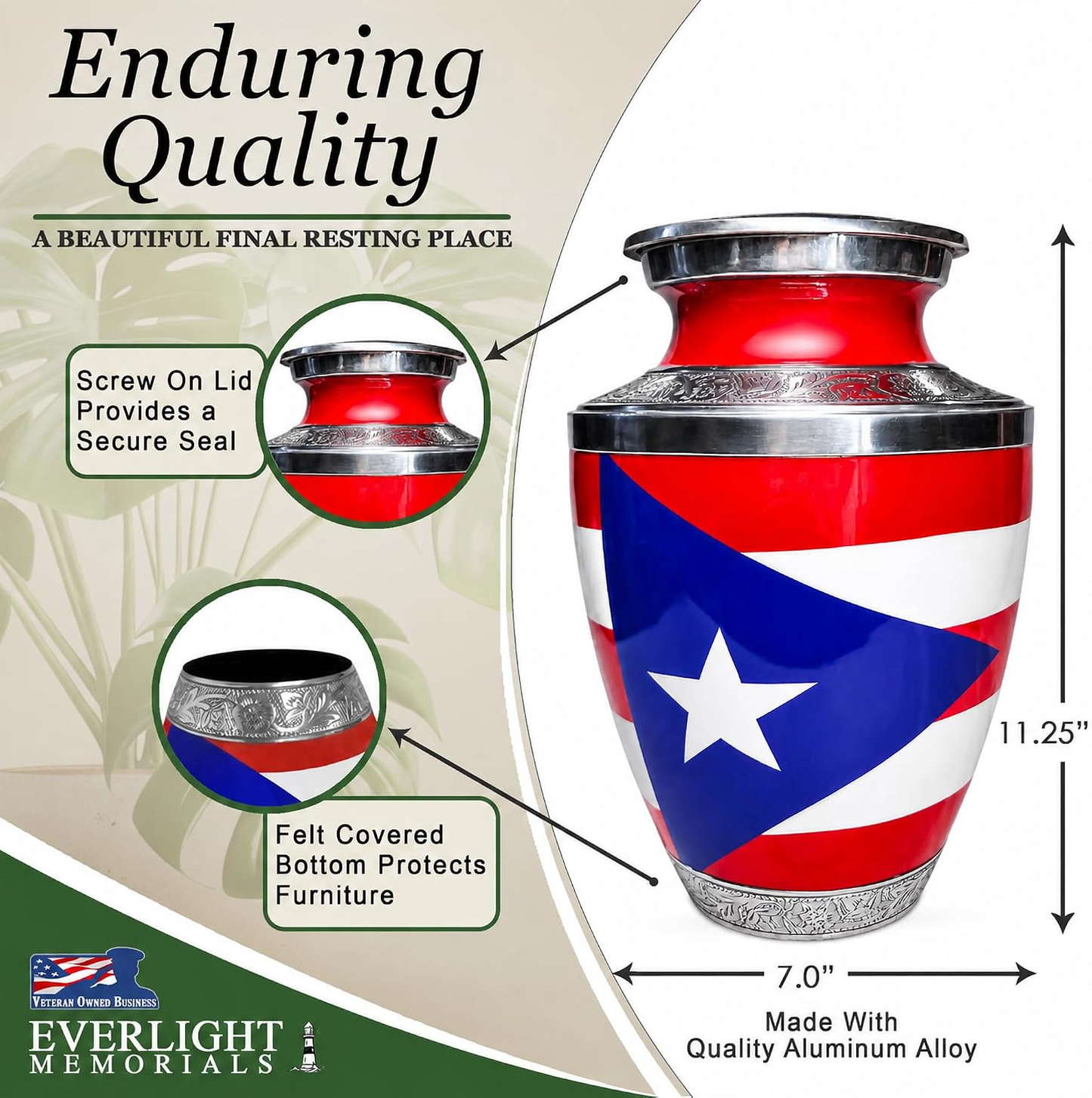 Puerto Rico Flag Cremation Urn - Enduring Quality Dimensions Infographic 11.25 inches