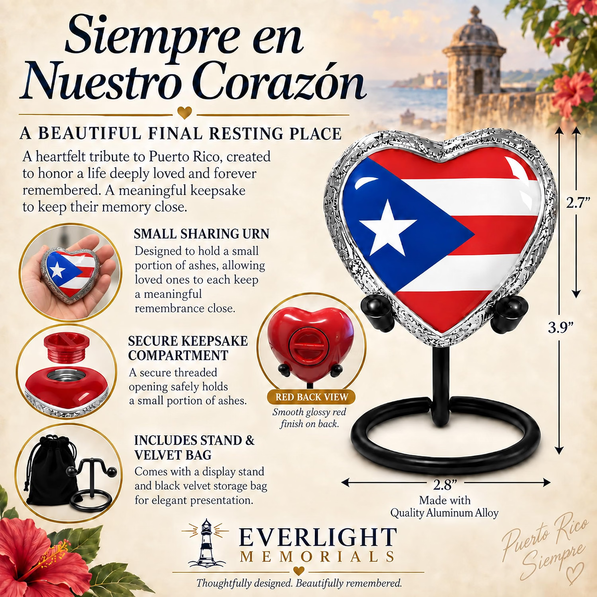 Puerto Rico heart keepsake urn infographic – Siempre en Nuestro Corazón