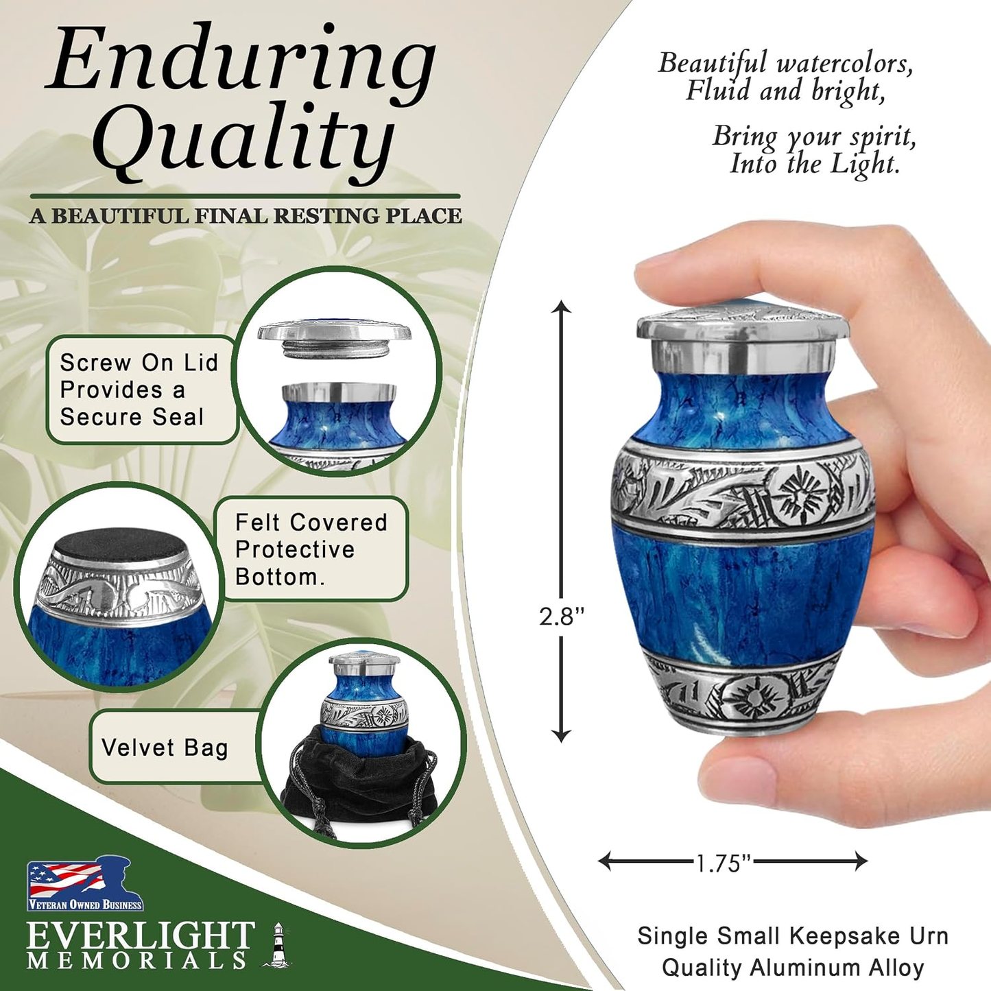 Dark blue watercolor keepsake urn dimensions and features — 2.8 inches tall, screw lid, felt bottom, velvet bag