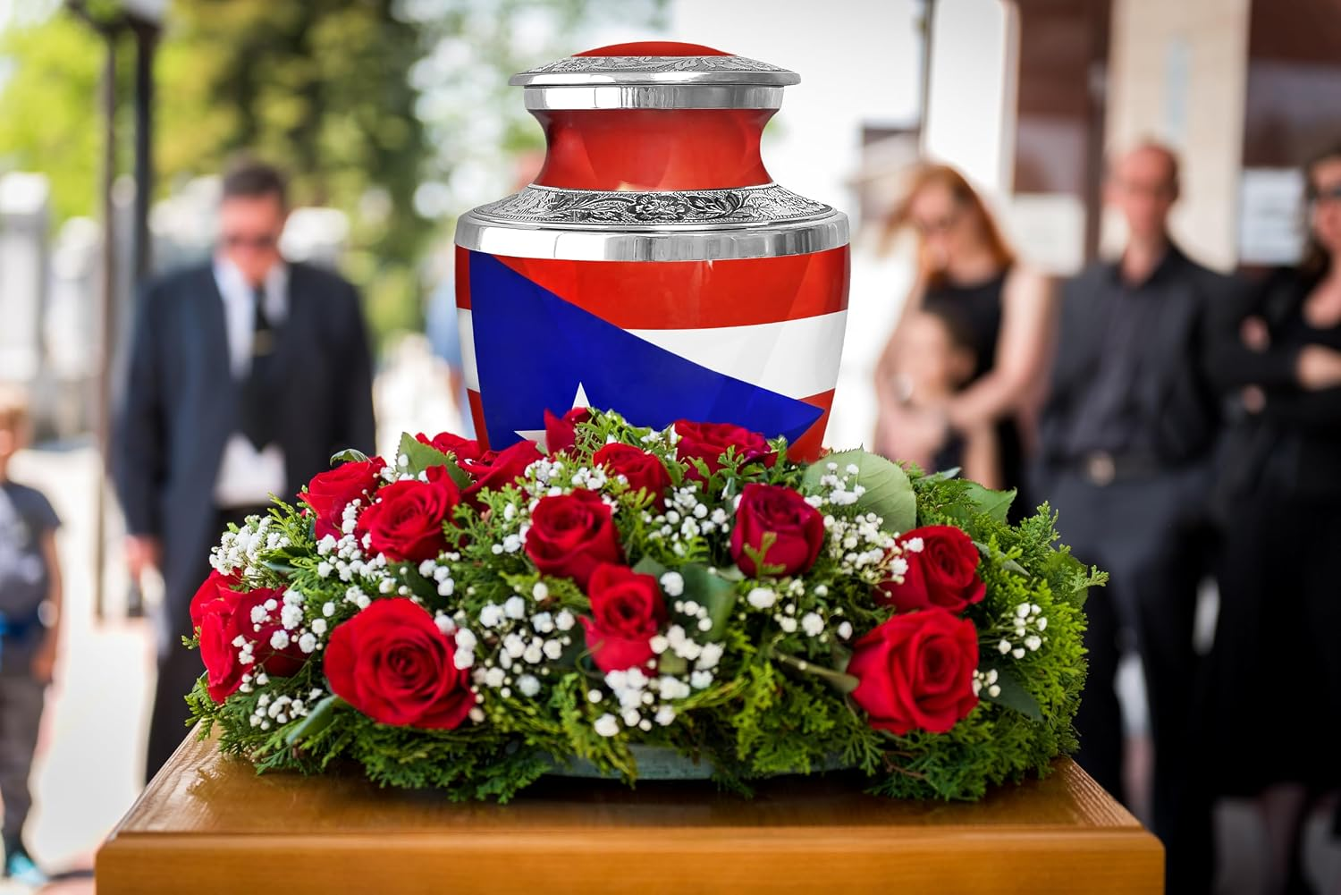 Puerto Rico Flag Cremation Urn - Memorial Service Display with Red Roses
