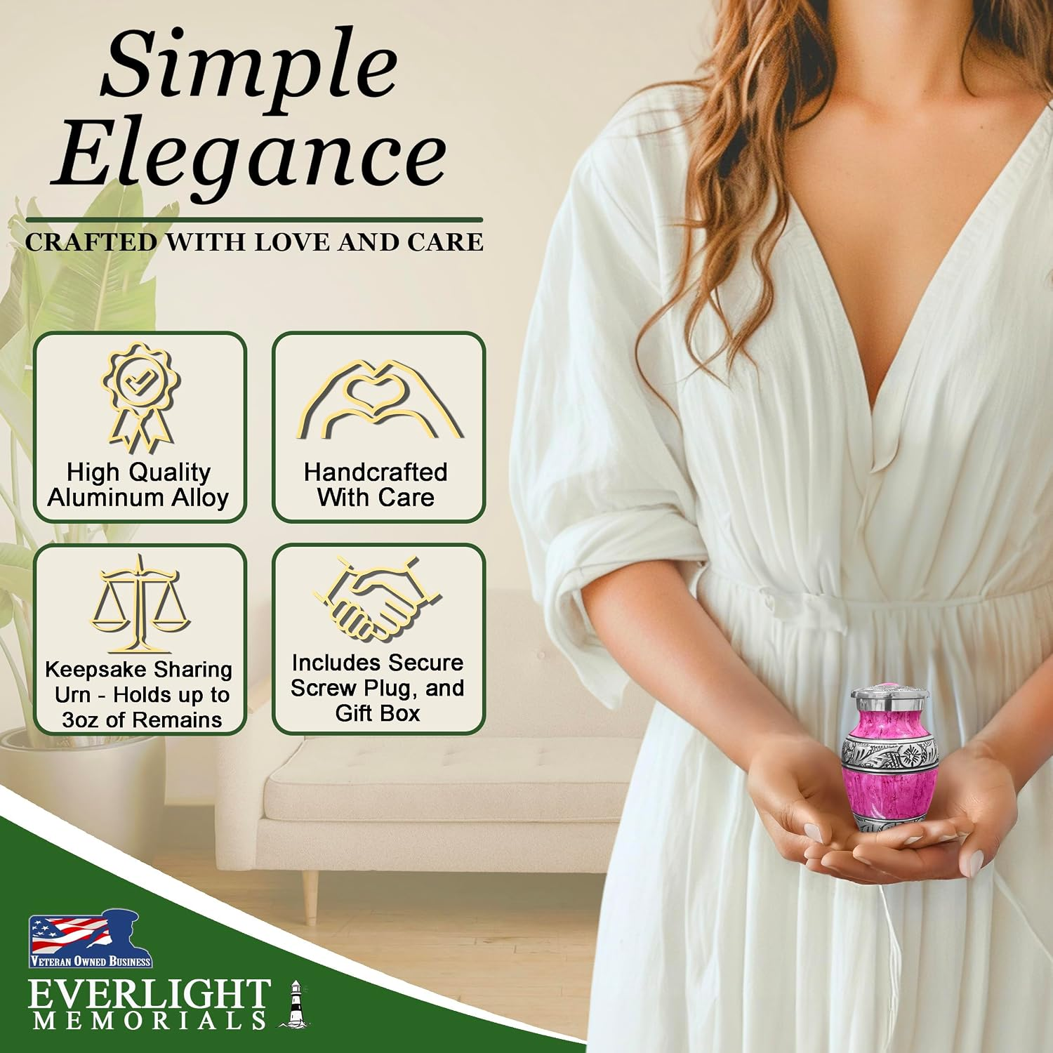 Everlight Memorials purple watercolor keepsake urn — Simple Elegance, high quality aluminum alloy infographic