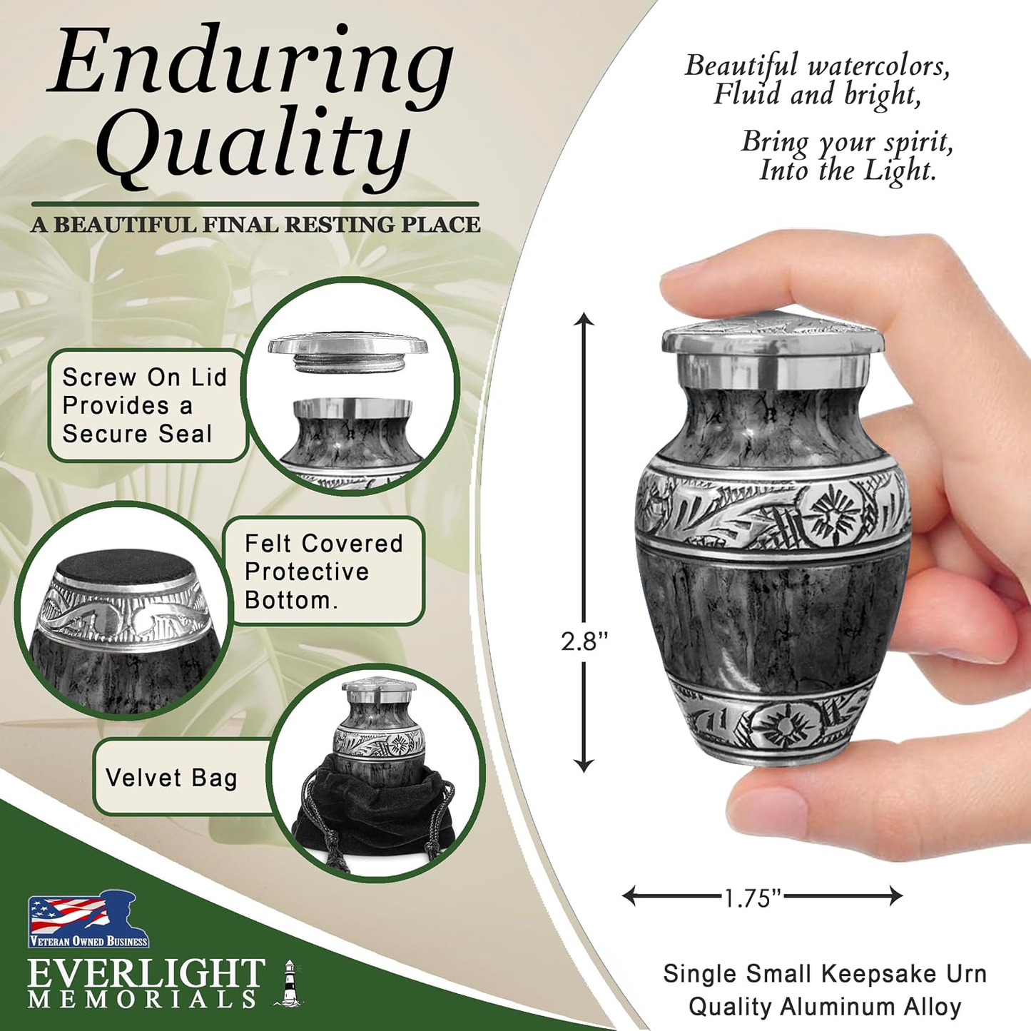 Dark gray watercolor keepsake urn dimensions and features — 2.8 inches tall, screw lid, felt bottom, velvet bag
