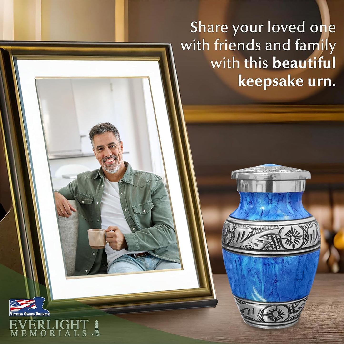 Light blue watercolor keepsake urn beside framed photo of man on memorial table