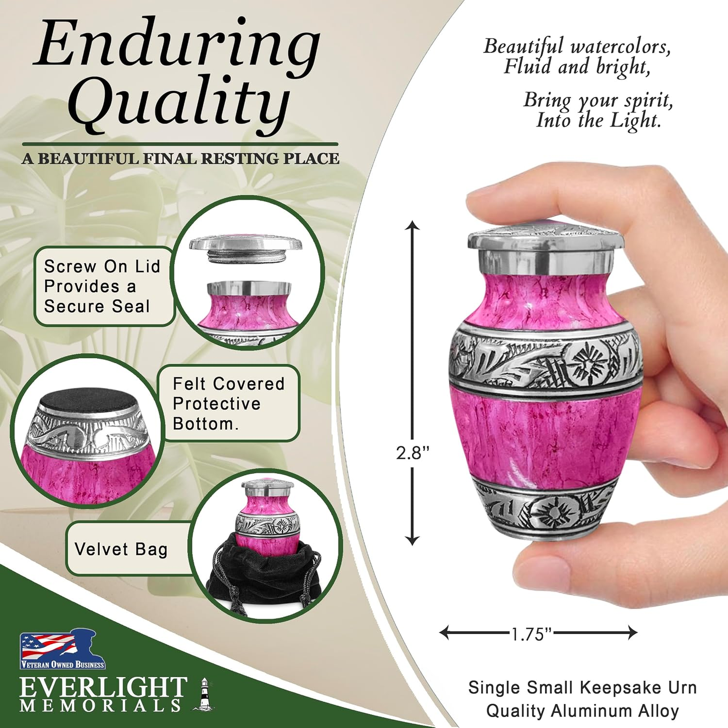 Purple watercolor keepsake urn dimensions and features — 2.8 inches tall, screw lid, felt bottom, velvet bag