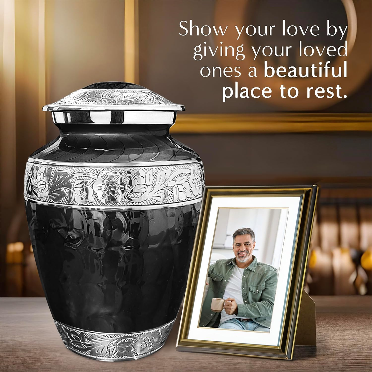 Black Forever After Adult Cremation Urn dimensions 11.25 inches tall 7 inches wide - screw on lid, felt covered bottom, quality aluminum alloy