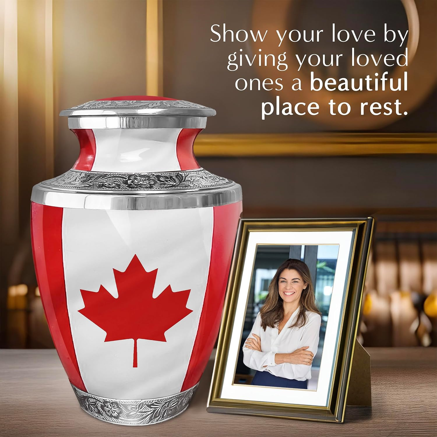 Canadian Maple Leaf Cremation Urn - Show Your Love Beautiful Place to Rest Lifestyle Photo with Memorial Frame