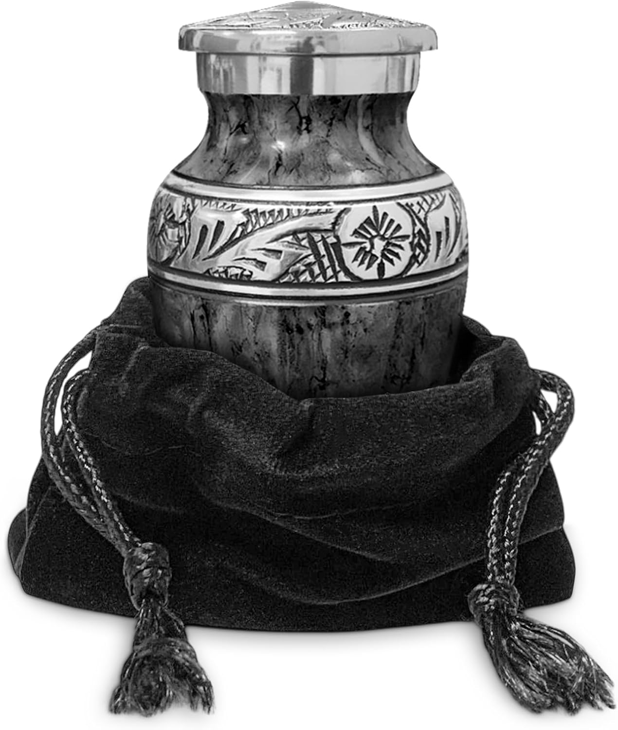 Dark gray watercolor keepsake urn with black velvet bag on white background
