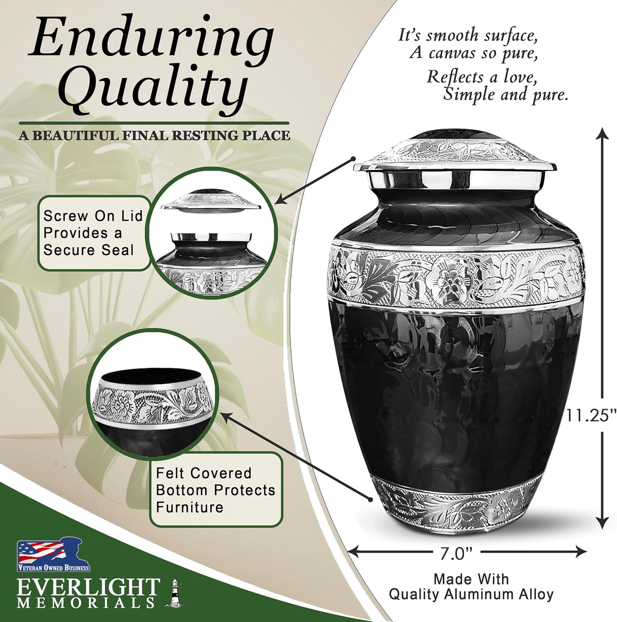 Black Forever After Adult Cremation Urn - Simple Elegance, high quality aluminum alloy, handcrafted with care, holds human remains up to 200 lbs