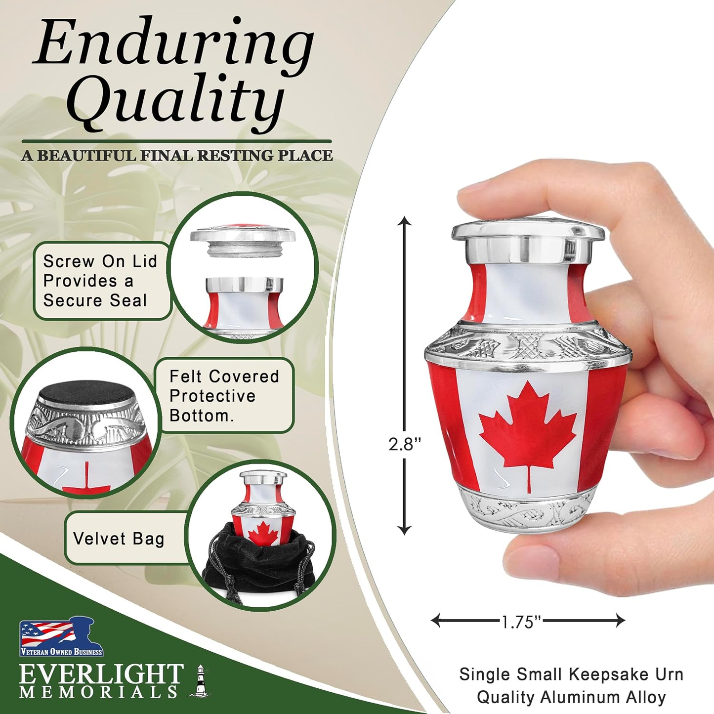 Canadian Maple Leaf Keepsake Urn - Enduring Quality Dimensions Infographic 2.8 inches