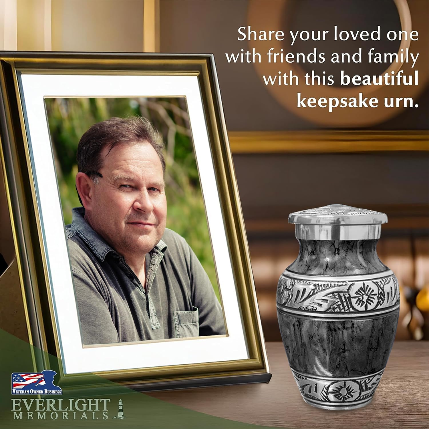 Dark gray watercolor keepsake urn beside framed photo of man on memorial table