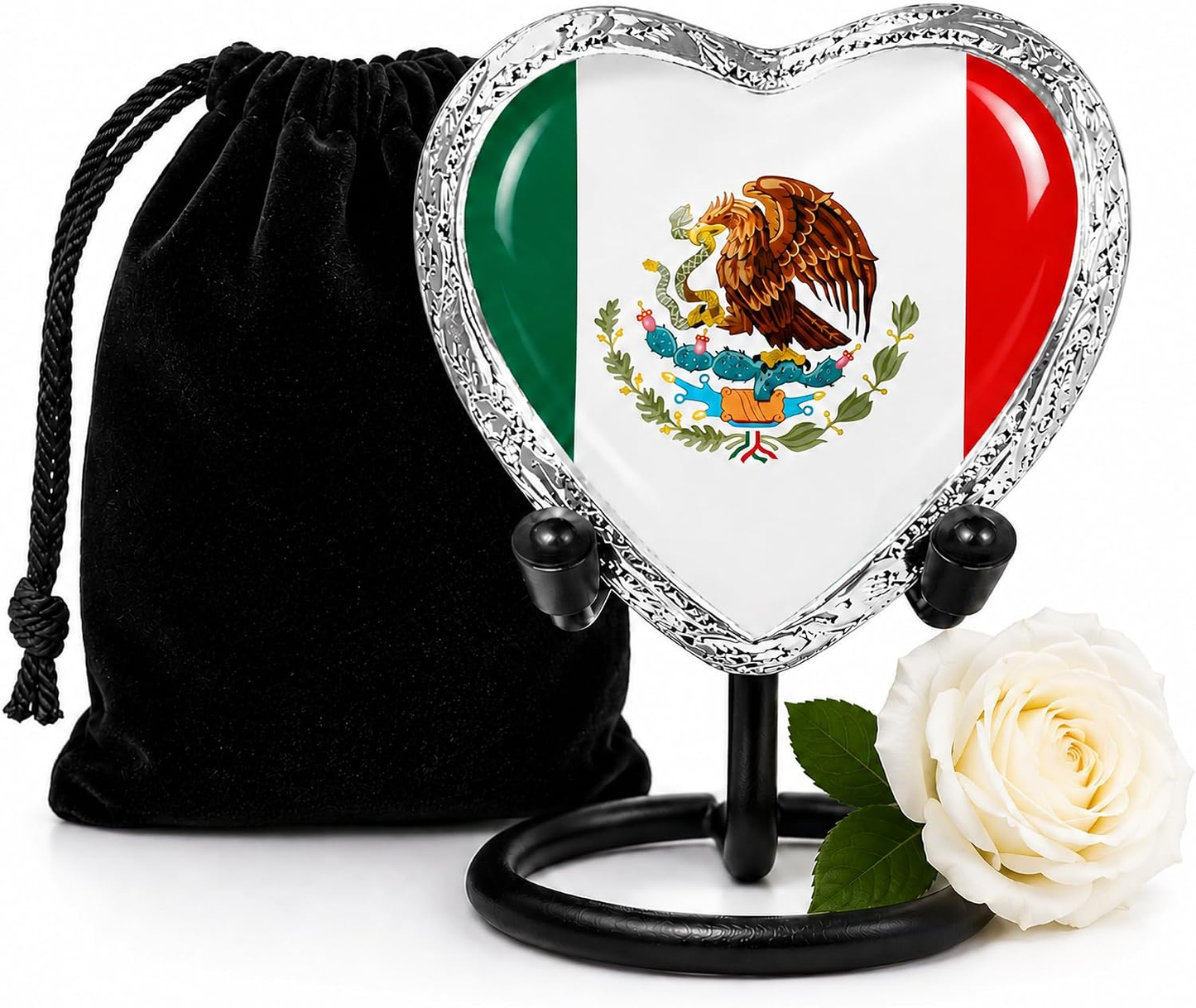 Mexican Flag Heart Keepsake Urn with Display Stand and Velvet Bag - Main Image with White Rose