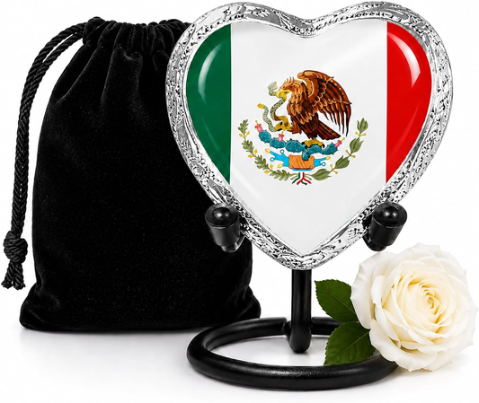 Mexican Flag Heart Keepsake Urn with Display Stand and Velvet Bag - Main Image with White Rose