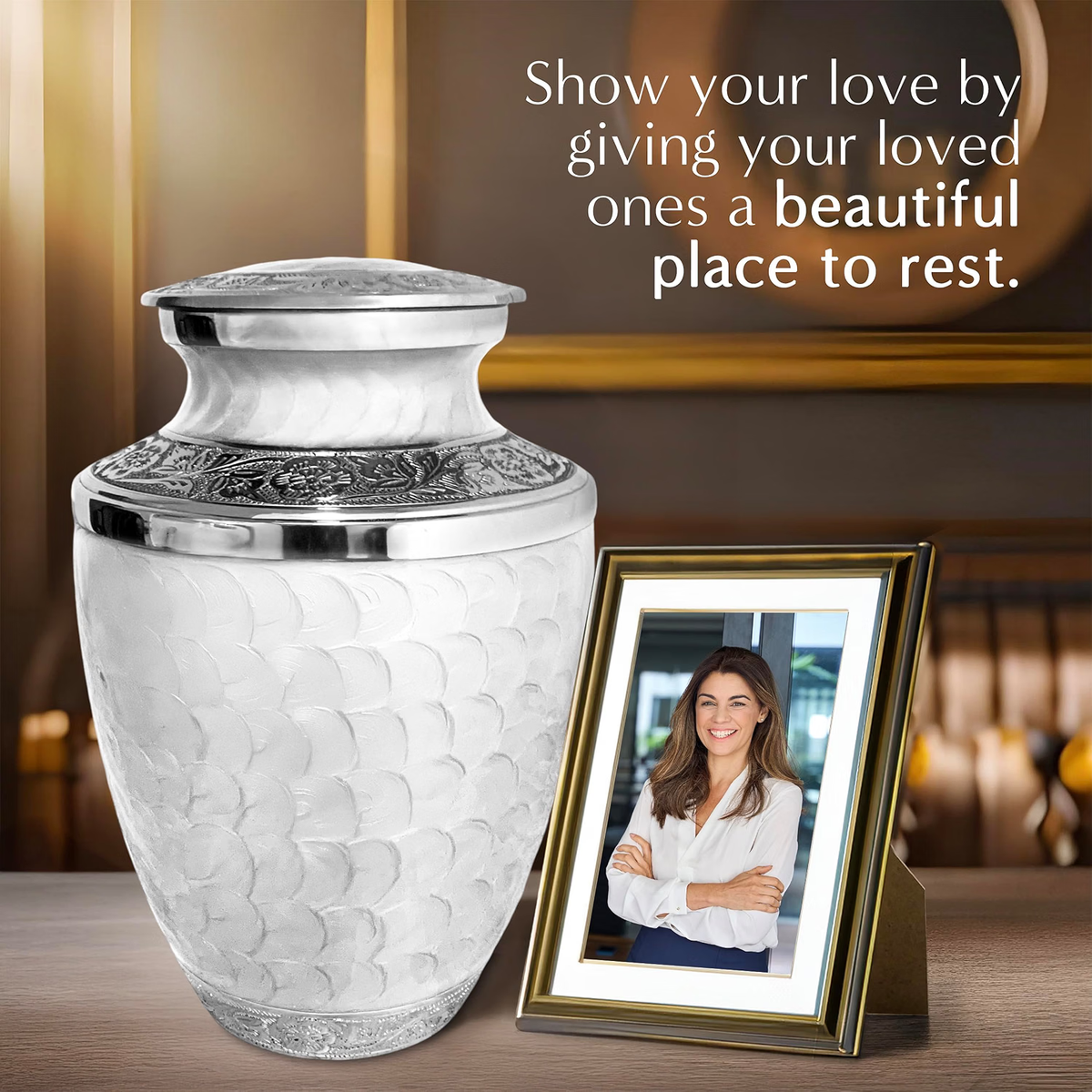White Loving Reflections urn displayed beside a framed photograph