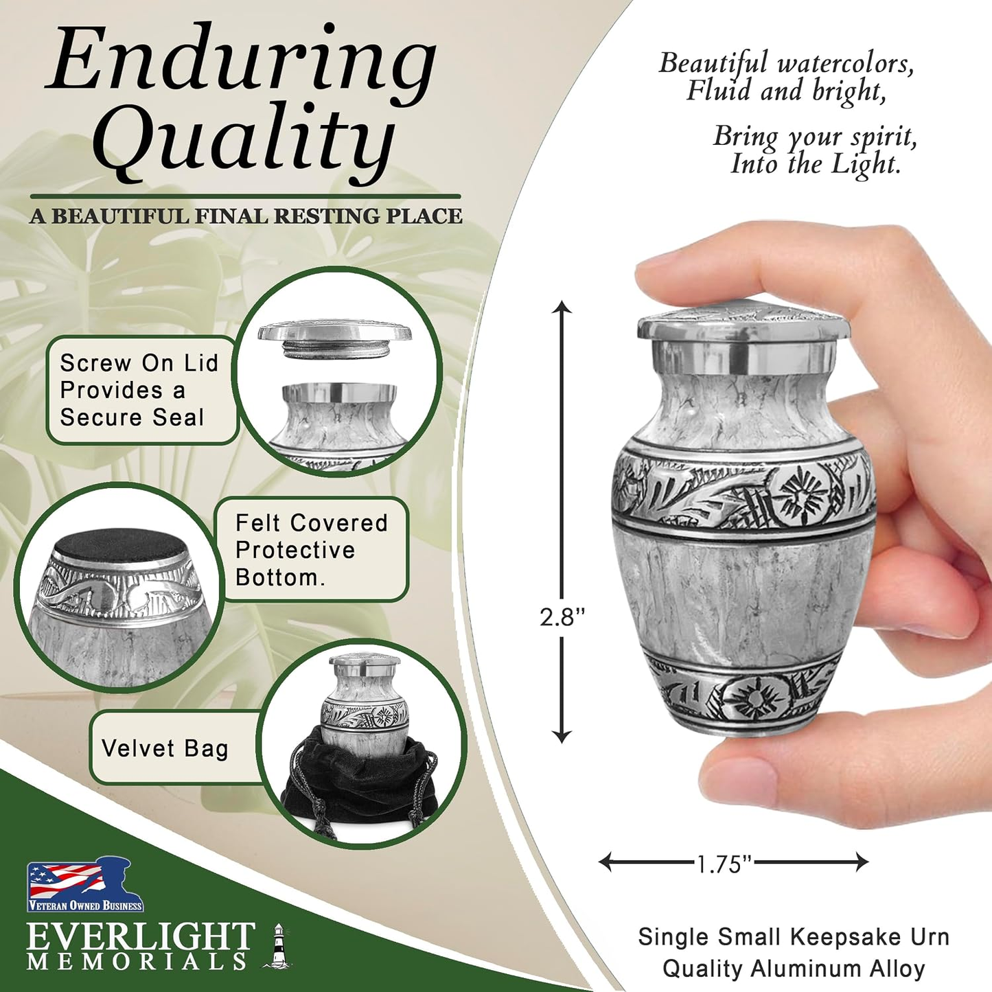 Light gray watercolor keepsake urn dimensions and features — 2.8 inches tall, screw lid, felt bottom, velvet bag