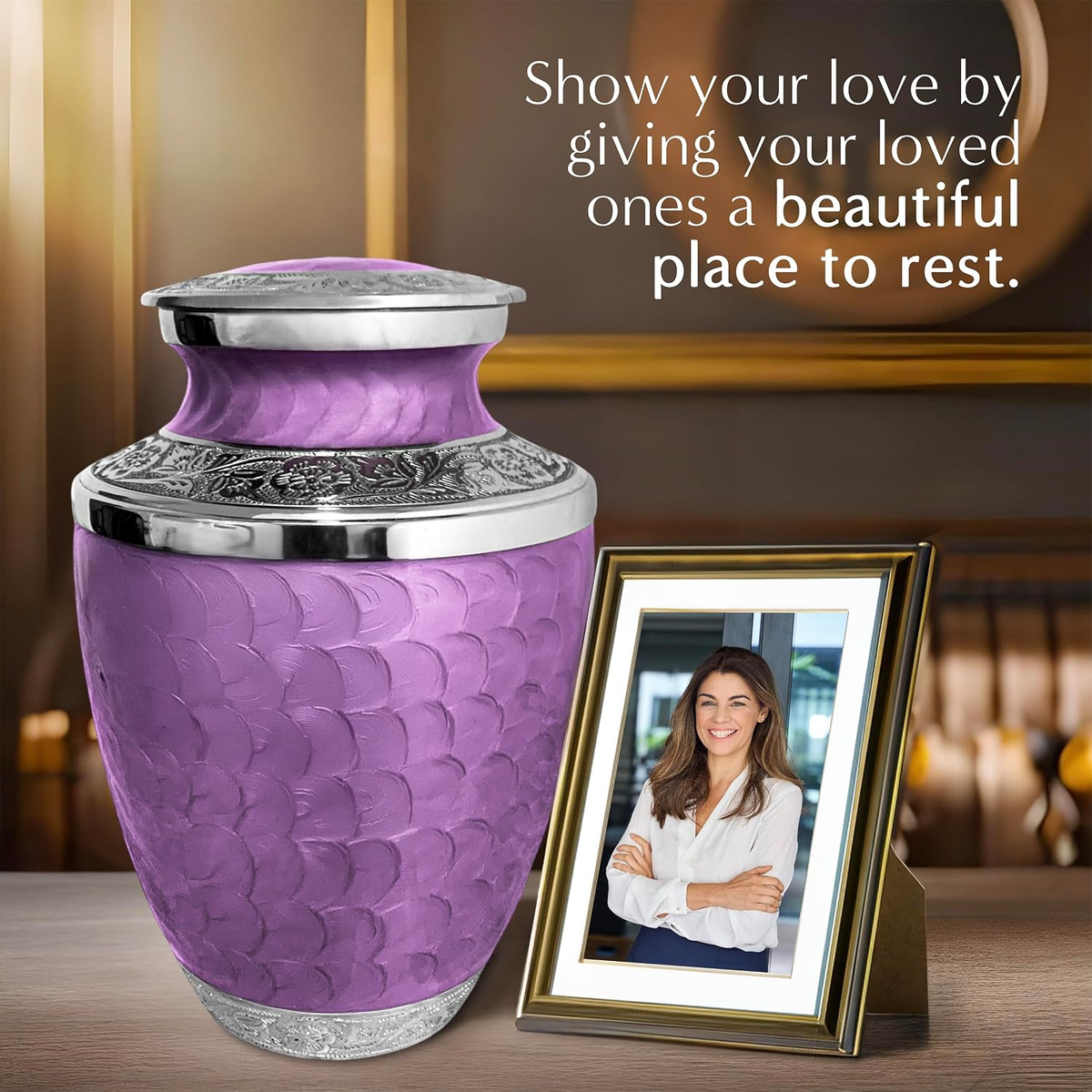 Purple Loving Reflections urn displayed beside a framed photograph
