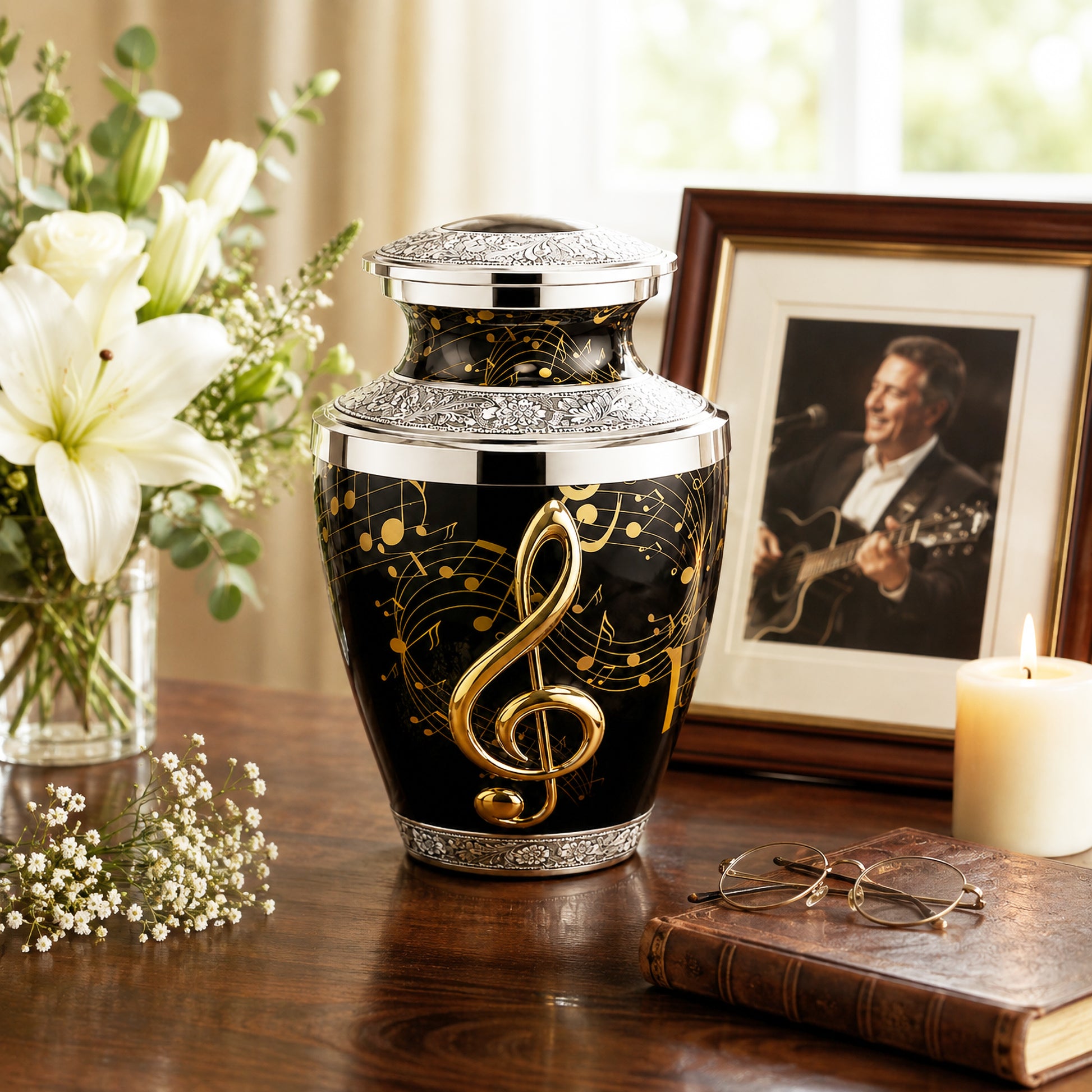 Black musical notes cremation urn displayed on wooden table with flowers and framed photo of musician lifestyle